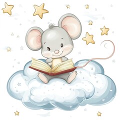 Wall Mural - cute mouse reading a book on a cloud, in the clipart style, white background, stars in the sky