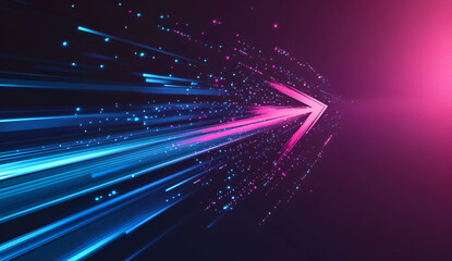 abstract arrow speed motion light effect with blue and pink glow on dark background, ai