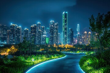 LED city lights, green urban infrastructure, sustainable design, vibrant night skyline