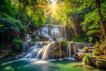 vibrant green rainforest sunlit waterfall cascading rivulets natural colors detailed textures