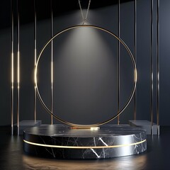 07231101 59. Luxurious circular podium, black and gold design, minimalist style, dark backdrop, thin golden ring above, elegant product display, 3D rendered, high contrast, subtle reflections, modern