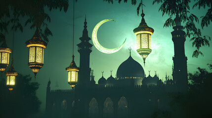 Eid Mubarak and Ramadan Kareem greetings with Islamic lantern. AI generative.