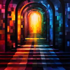 Sticker - Vibrant abstract corridor with colorful light and shadows, creating a surreal atmosphere of depth and mystery.