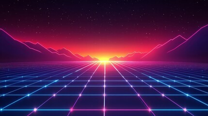 Wall Mural - Vibrant digital landscape with glowing gridlines and starry background during nighttime