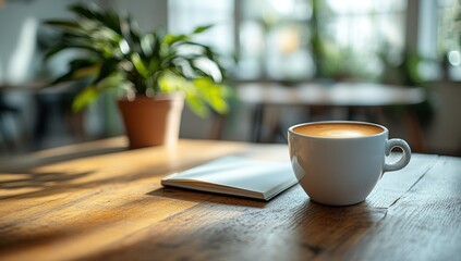 a close-up shot of a cup of coffee and a notebook on a wooden table.