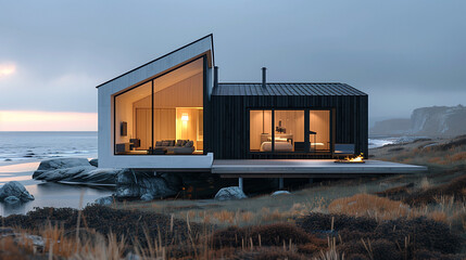 a modern, minimalist beach house surrounded by sand dunes and tall, windswept grasses. The house features large glass windows that allow for an unobstructed view of the beach and ocean