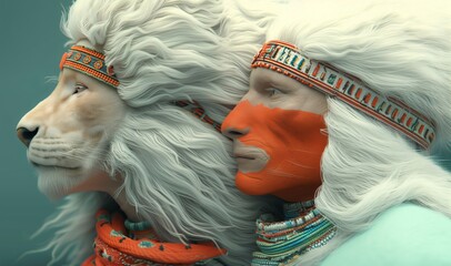 3d rendering of a white lion and a shaman with matching long white hair and tribal headdresses standing next to each other; symbol spirituality and culture