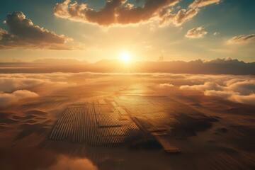 Breathtaking aerial view of a landscape at sunrise with clouds and farmland under golden light.