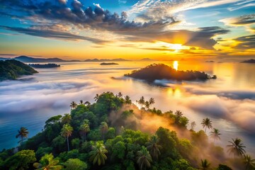 Mysterious morning fog wafts over Borneo's distant shores as the sun rises over the Celebes Sea