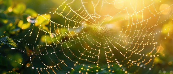 Glistening Dewdrops on Spider Web in Morning Light Close-up | Refreshing Nature Macro Photography