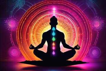 Man silhouette in an yoga meditation pose highlighting the Hindu Chakras against energy background