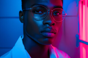 Wall Mural - A woman wearing a white shirt and glasses in a room