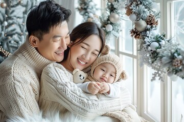 Wall Mural - Family embracing in cozy sweaters with festive decor