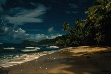 Wall Mural - a sandy beach with waves crashing on it under a night sky