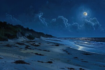 Wall Mural - a painting of a beach at night with a full moon