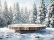 © dip - A round wooden podium on snow with a winter forest background for product presentation, a mockup scene,