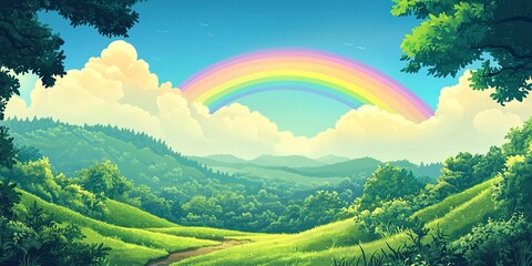 Sticker - rainbow landscape cartoon. 