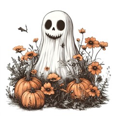 Canvas Print - Vintage Cute Ghost with Flowers and Pumpkins Illustration on white background