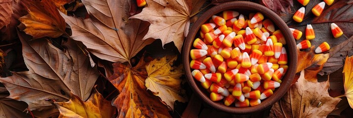 Sticker - Close-up view of a bowl filled with candy corn amidst seasonal foliage.