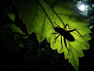 Wall Mural - A cricket silhouette on a large green leaf backlit by the sun.