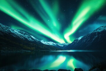 breathtaking aurora borealis illuminates a serene landscape, reflecting shimmering colors on a tranq