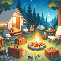 Wall Mural - Illustration material of relaxing in a campground, campfire  In this page.