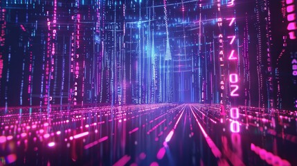 High tech network wallpaper with streams of binary code and glowing neon lines in a digital world