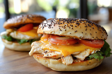 Wall Mural - tasty bagel sandwich with chicken breast, tomato, melted cheese and lettuce