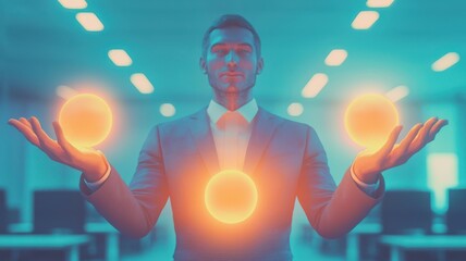 A businessman showcases his skills by juggling glowing orbs, symbolizing innovation and creativity in a modern office environment.