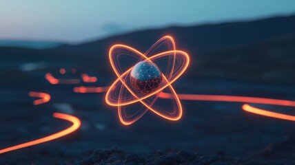 A captivating atom with glowing orbits symbolizes energy and science in a surreal landscape, blurring nature and technology.