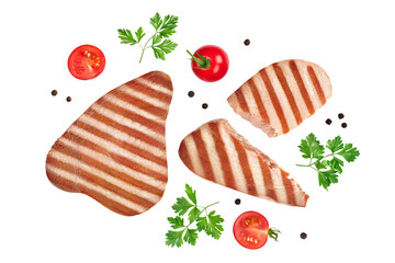 Wall Mural - Tuna fish steak grilled isolated on white background full depth of field, Top view. Flat lay