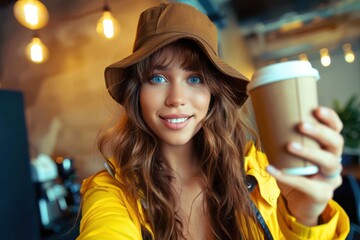 Wall Mural - Beautiful woman with coffee taking selfe Beautiful woman with coffee taking selfe