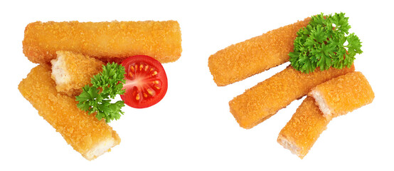 Wall Mural - Fish finger or stick isolated on white background with full depth of field. Top view. Flat lay.