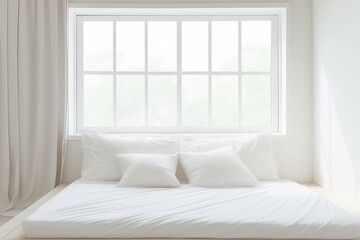 Wall Mural - Inside the white bedroom with windows, clean the white bed and pillows in the room