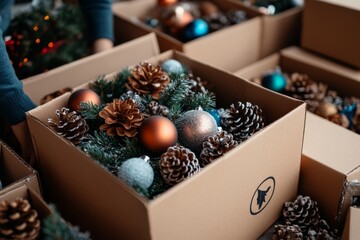 a cardboard box filled with festive christmas decorations, including pinecones, ornaments, and green