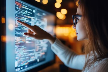 A woman intently pointing at a code-filled computer screen, likely involved in programming or web development, amidst a dimly lit, concentrated work environment.