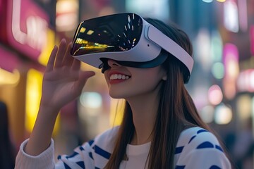 Poster - Smiling Woman Engaging with Virtual Reality Technology in a Modern Urban Setting Illuminated by Bright Neon City Lights