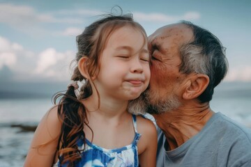 young daughter kissing her father on beach