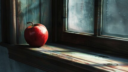 Canvas Print - Red Apple On Windowsill.