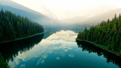 Wall Mural - Dawn breaks over a serene mountain lake reflecting the sky and surrounding forest