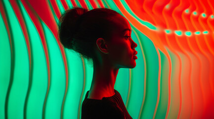 Wall Mural - A girl against the background of neon light, created with the help of generative AI technology.