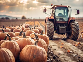 Tractor working in a pumpkin field during harvest season at sunset. Rows of large pumpkins are ready for collection, symbolizing the peak of autumn harvest and preparation for Thanksgiving.