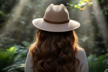 Sticker - Back View of a Woman Wearing a Hat in a Sunlit Forest Representing a Peaceful Connection with Nature and the Simplicity of Outdoor Life