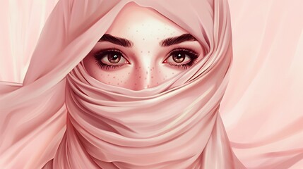 Wall Mural - A close-up portrait of a woman with freckles, wearing a soft, flowing headscarf.