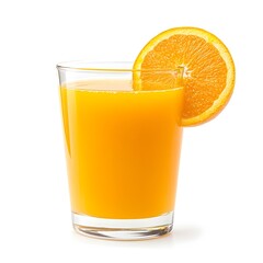 Closeup of a glass filled with bright refreshing orange juice placed at the center of a plain white background  The transparent glass allows the vivid color of the juice to shine