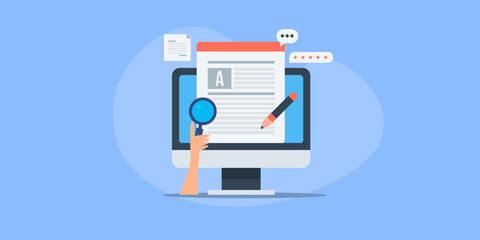 content research and writing, publishing article blog on web and social media, conceptual vector ill