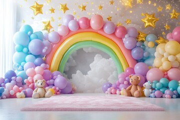 Wall Mural - A colorful room with a rainbow arch and balloons