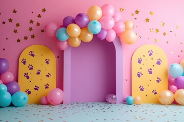 Wall Mural - A pink and yellow room with a pink archway and yellow archway