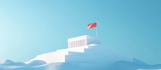 3D render of a renowned monument featuring a historical structure and flag against a blue backdrop with ample copy space