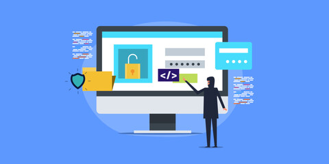 Concept of cyber-attack, hacker using binary code and software program, data breach, steals information security hacking concept, vector illustration.